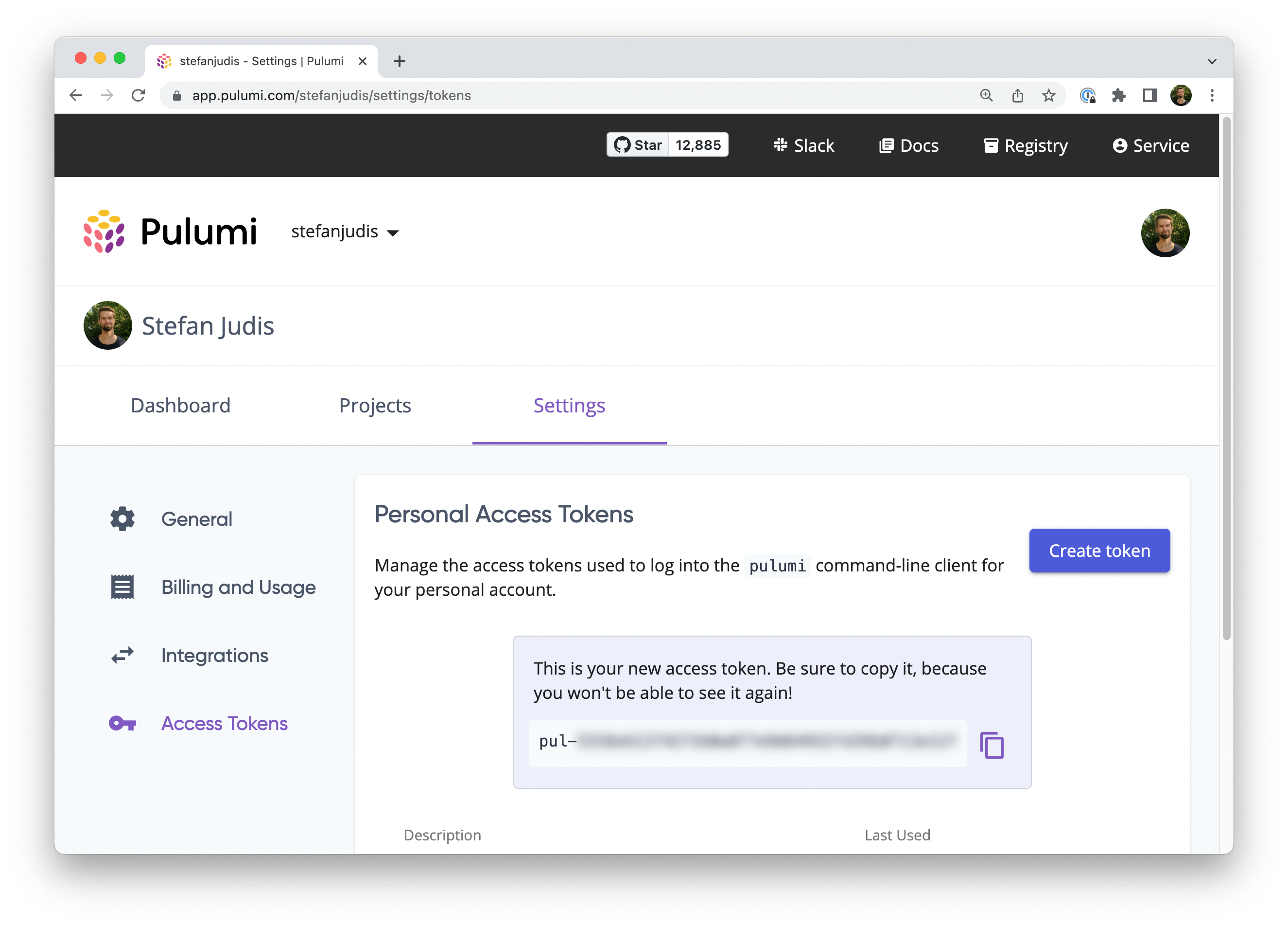 Pulumi access token configuration screen showing a newly created token